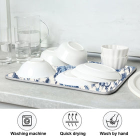 Wassud dish drying mat blue-white pattern provides ample 18x24-inch drying area.
