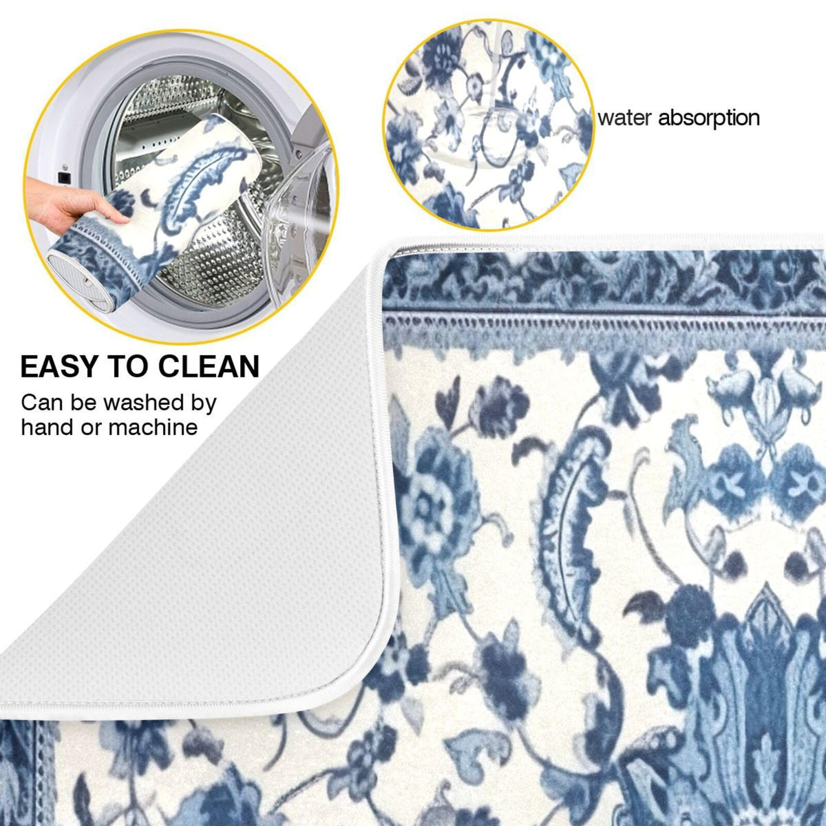 Wassud dish drying mat blue-white pattern offers efficient moisture absorption for surfaces.