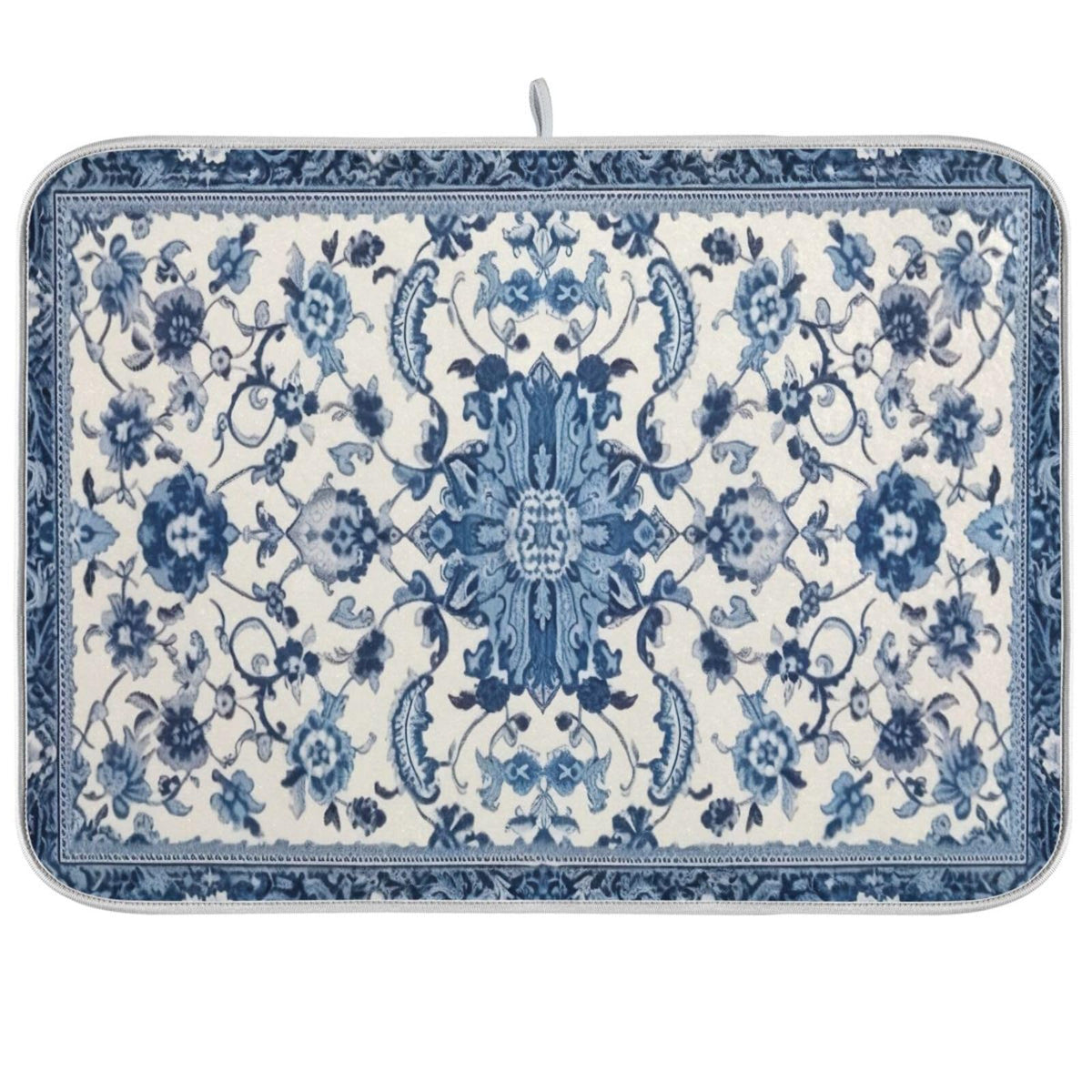 Wassud dish drying mat with blue-white pattern rapidly absorbs water on counters.