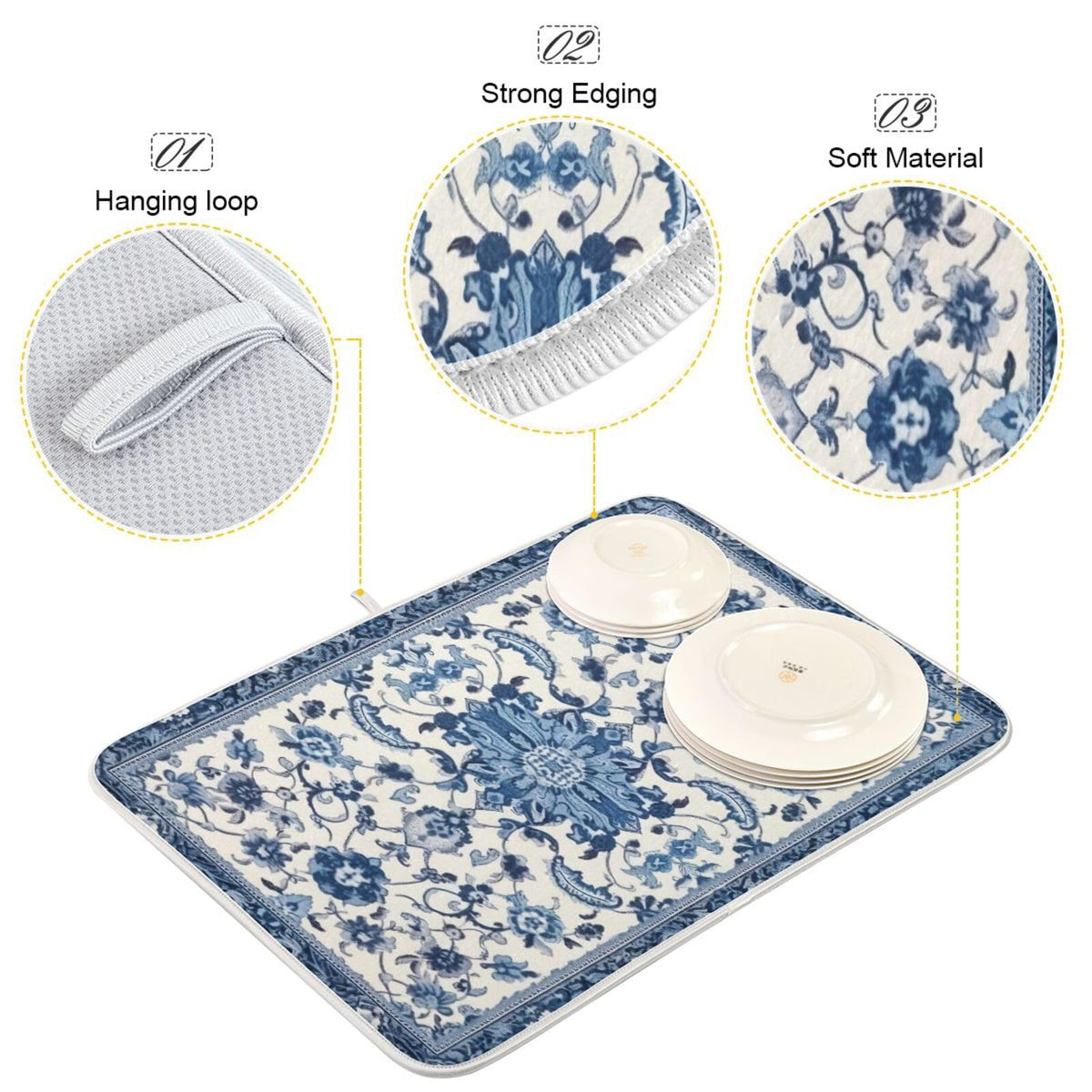 Wassud dish drying mat blue-white pattern folds flat for compact cabinet storage.