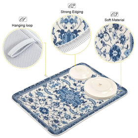 Wassud dish drying mat blue-white pattern folds flat for compact cabinet storage.