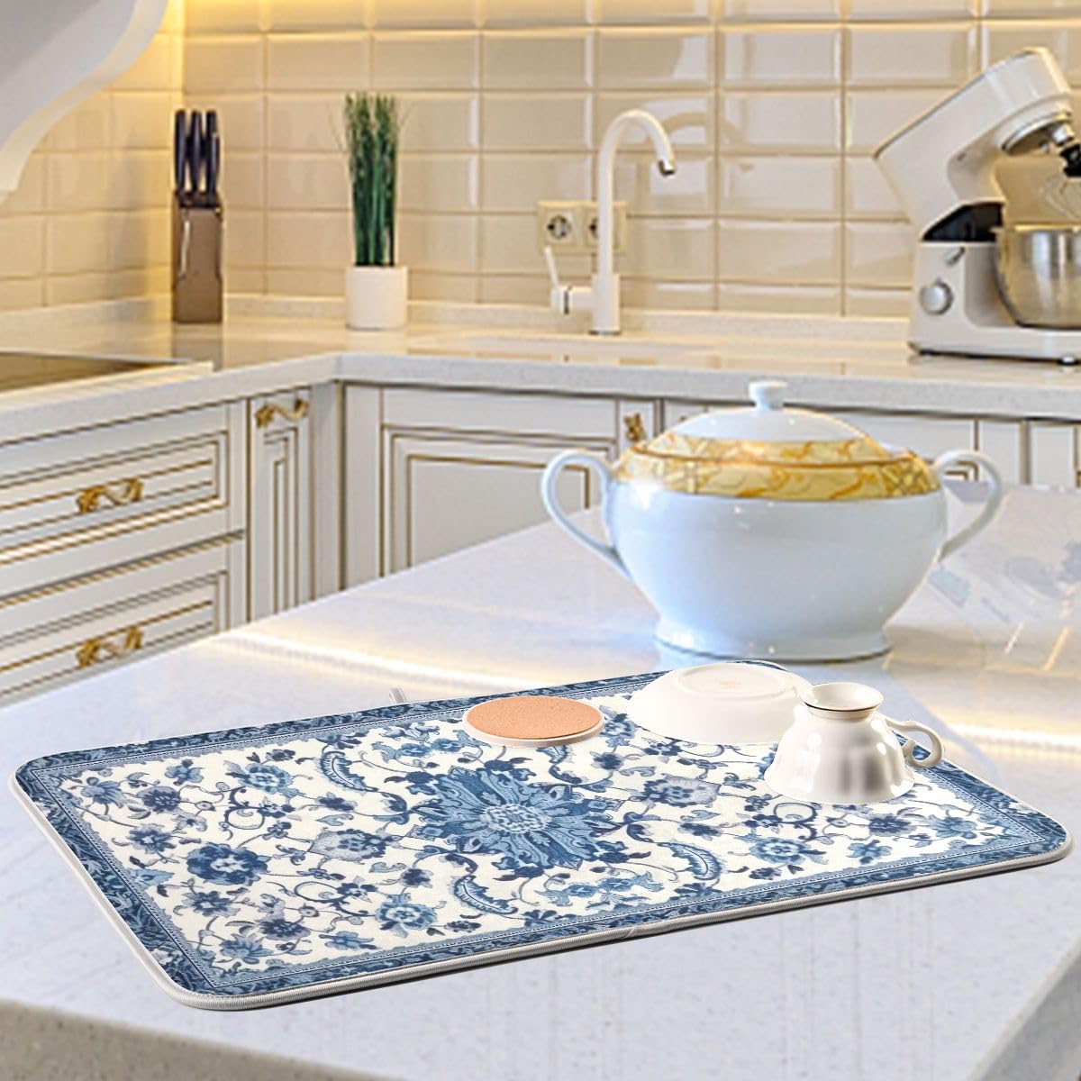 Wassud dish drying mat blue-white pattern suits kitchen, bathroom, and office spaces.