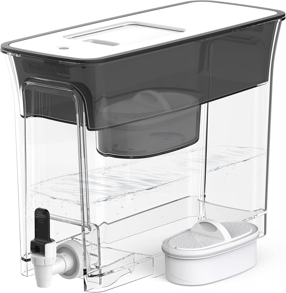 Waterdrop 35-Cup slim dispenser front view showing compact fridge-friendly design.