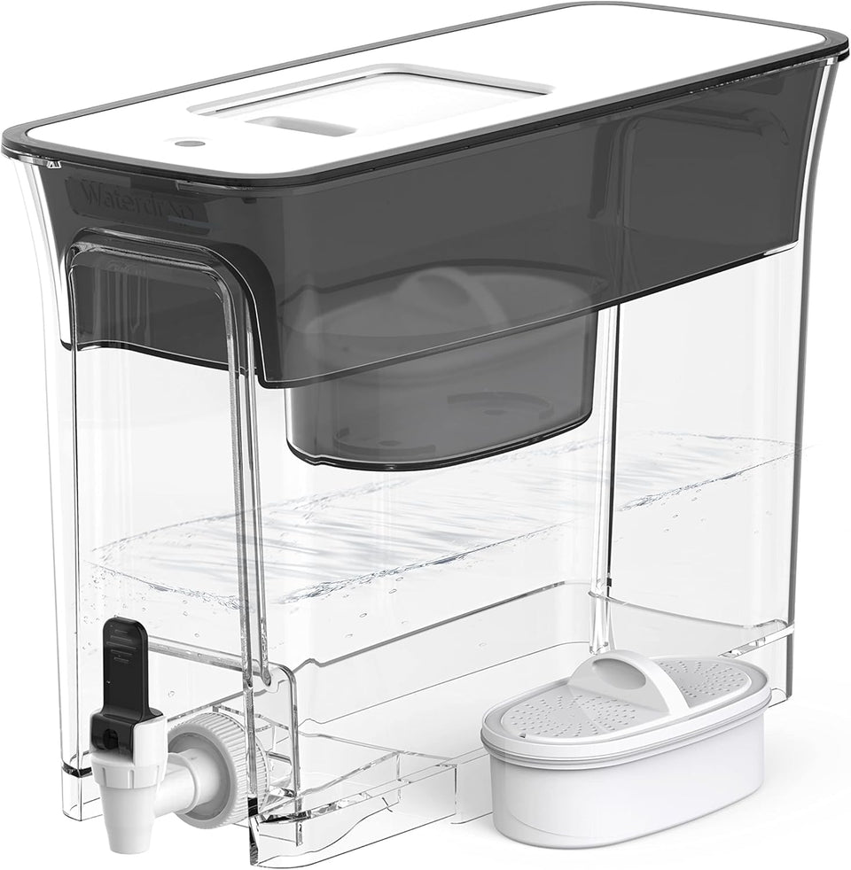 Waterdrop 35-Cup slim dispenser front view showing compact fridge-friendly design.