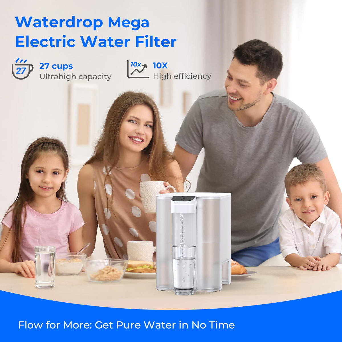 Waterdrop ED04W-L Mega Electric Dispenser showing 27-cup capacity for busy households