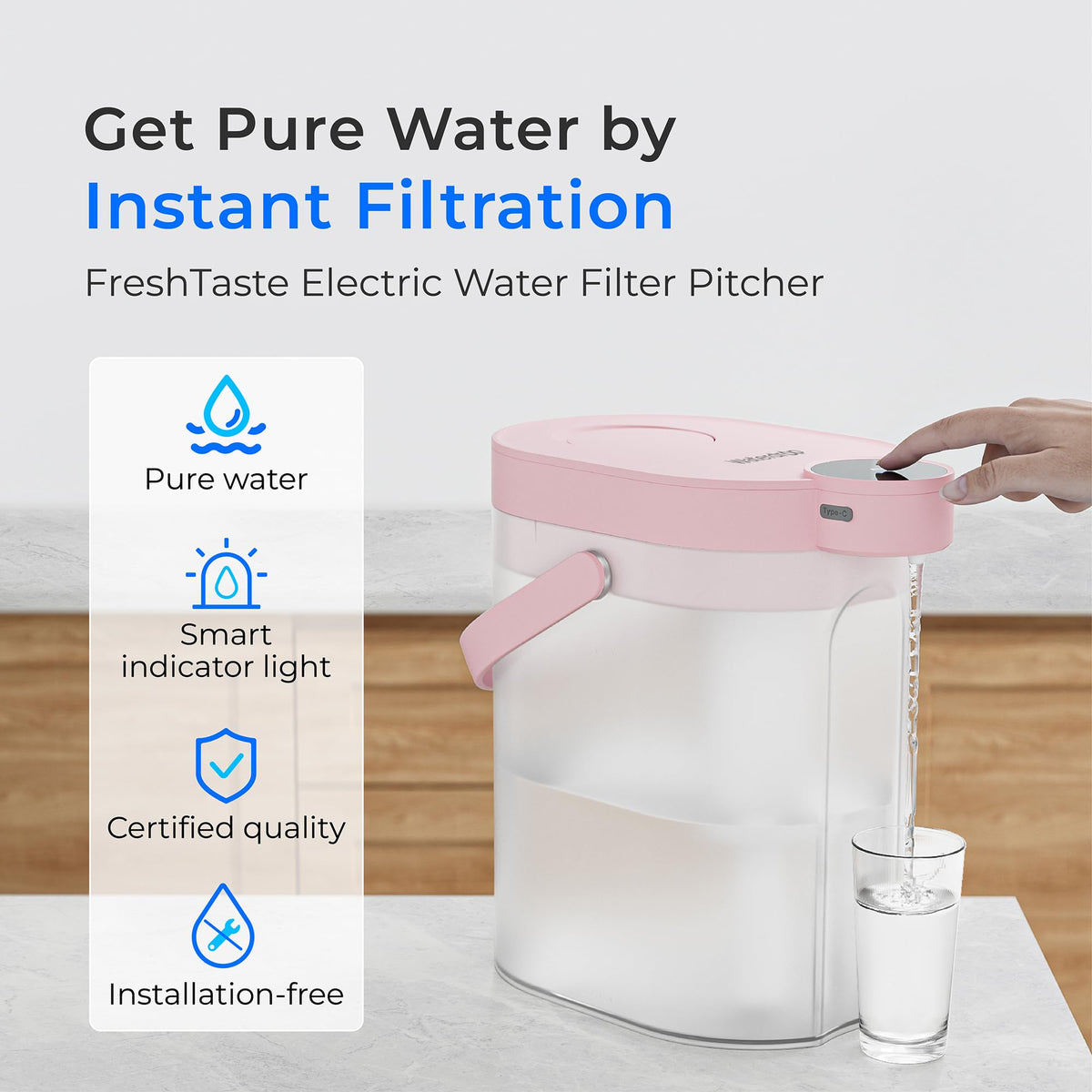 Waterdrop ED06P electric pitcher side view highlighting compact countertop design