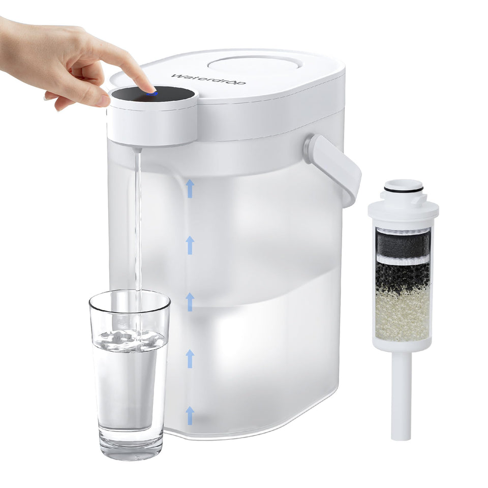 Waterdrop ED06W electric water filter pitcher on countertop dispensing instantly.