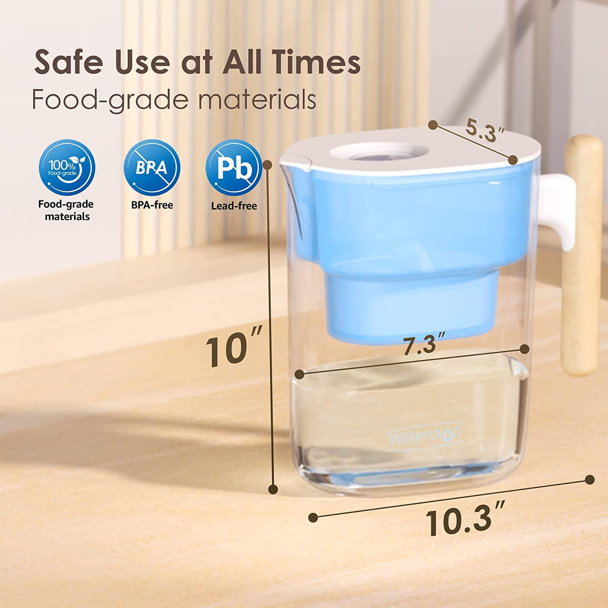 Waterdrop PT-04B pitcher dust-resistant spout lid offers spill-free refilling.