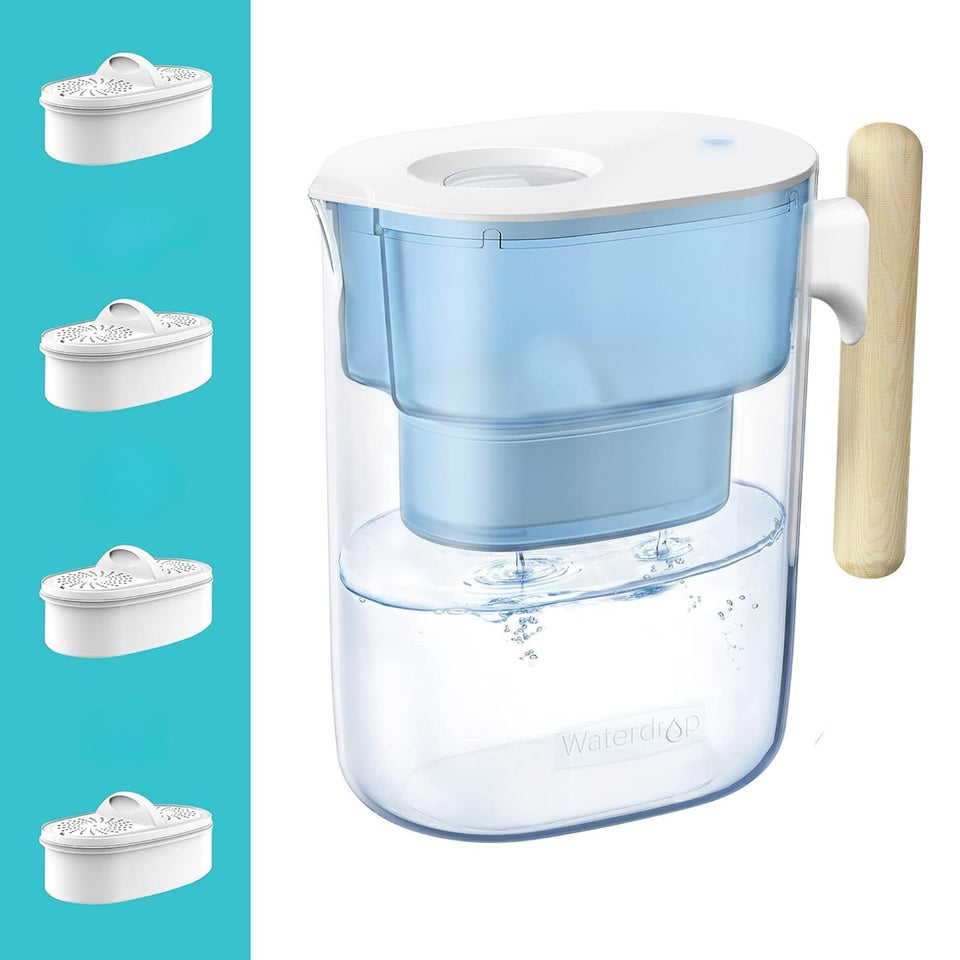Waterdrop PT-04B pitcher front view shows compact size ideal for standard refrigerators.