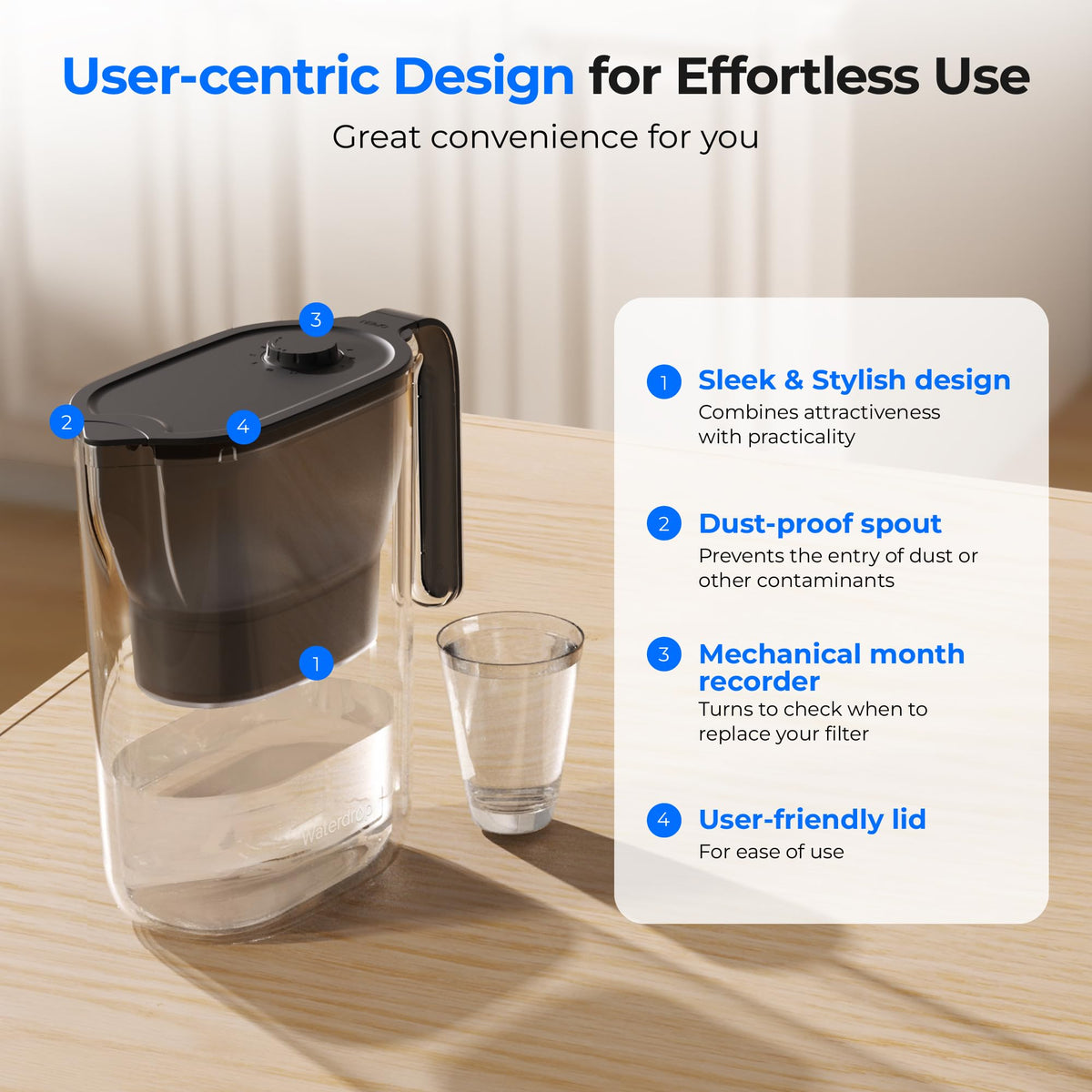 Waterdrop PT-05BL-L pitcher on kitchen counter shows convenient hydration.