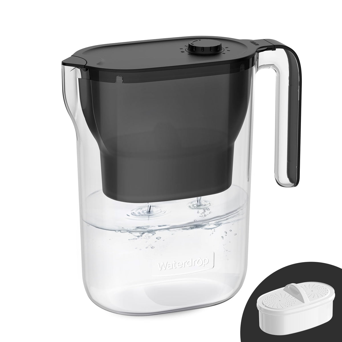 Waterdrop PT-05BL-L pitcher side view shows compact countertop design for daily hydration.
