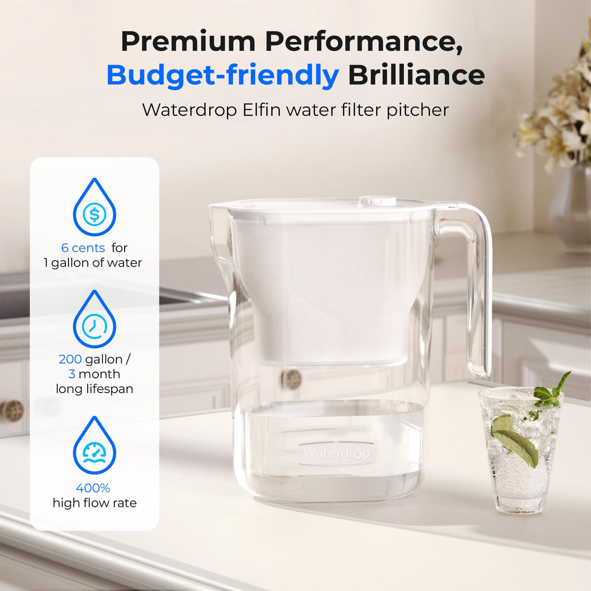 Waterdrop PT-05W-L pitcher spout close-up for easy pouring and reduced residue