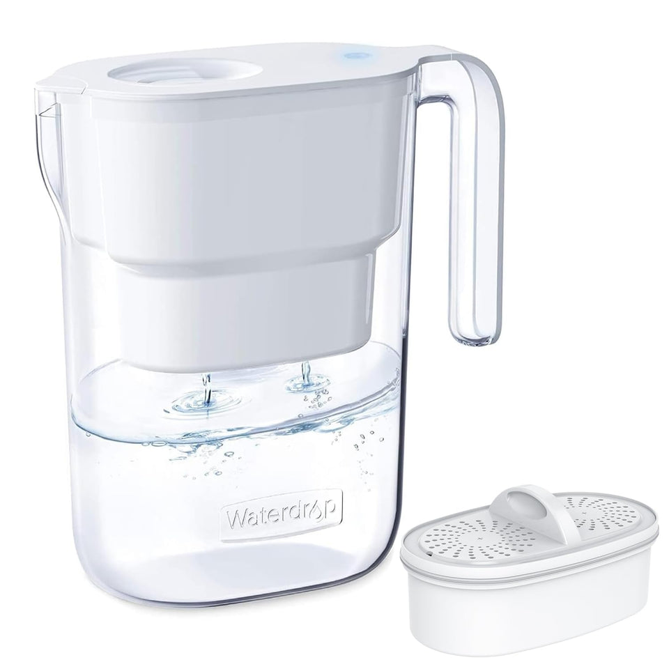 Waterdrop PT-05W pitcher front view showing compact, space-saving design for kitchen counters