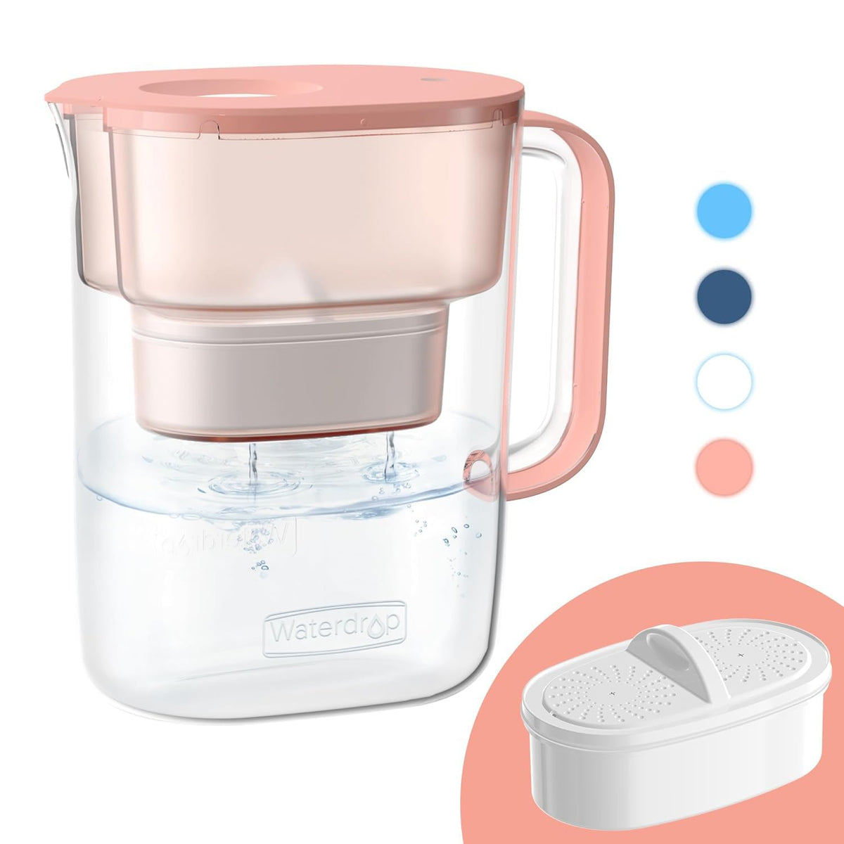 Waterdrop PT-07R pink pitcher front view showing compact fridge fit