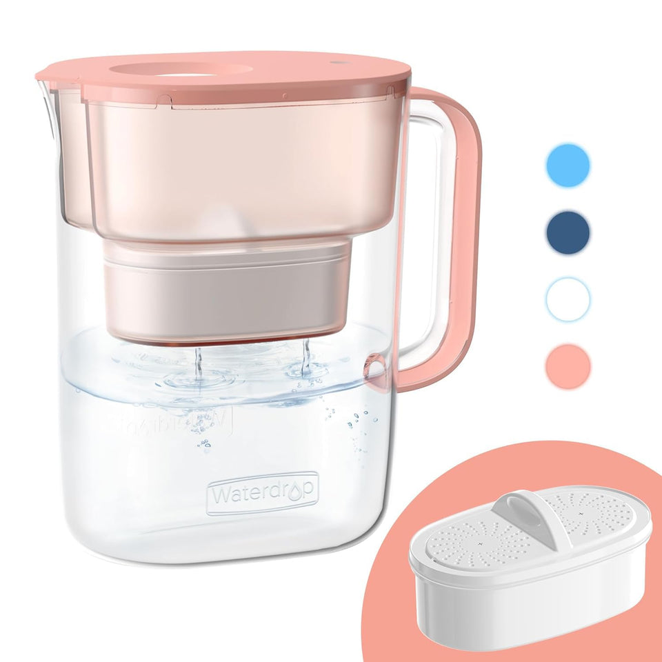Waterdrop PT-07R pink pitcher front view showing compact fridge fit