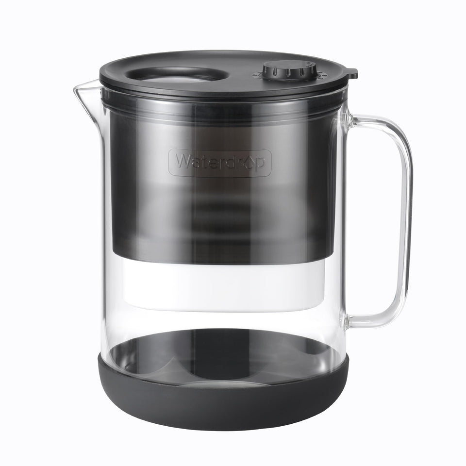 Waterdrop PT-72BL glass pitcher front view for purified water and stylish kitchen use