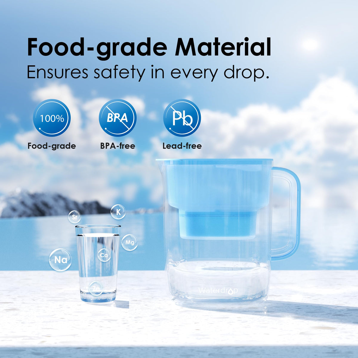 Label showing 100-gallon filter capacity on Waterdrop PT-07B-A pitcher