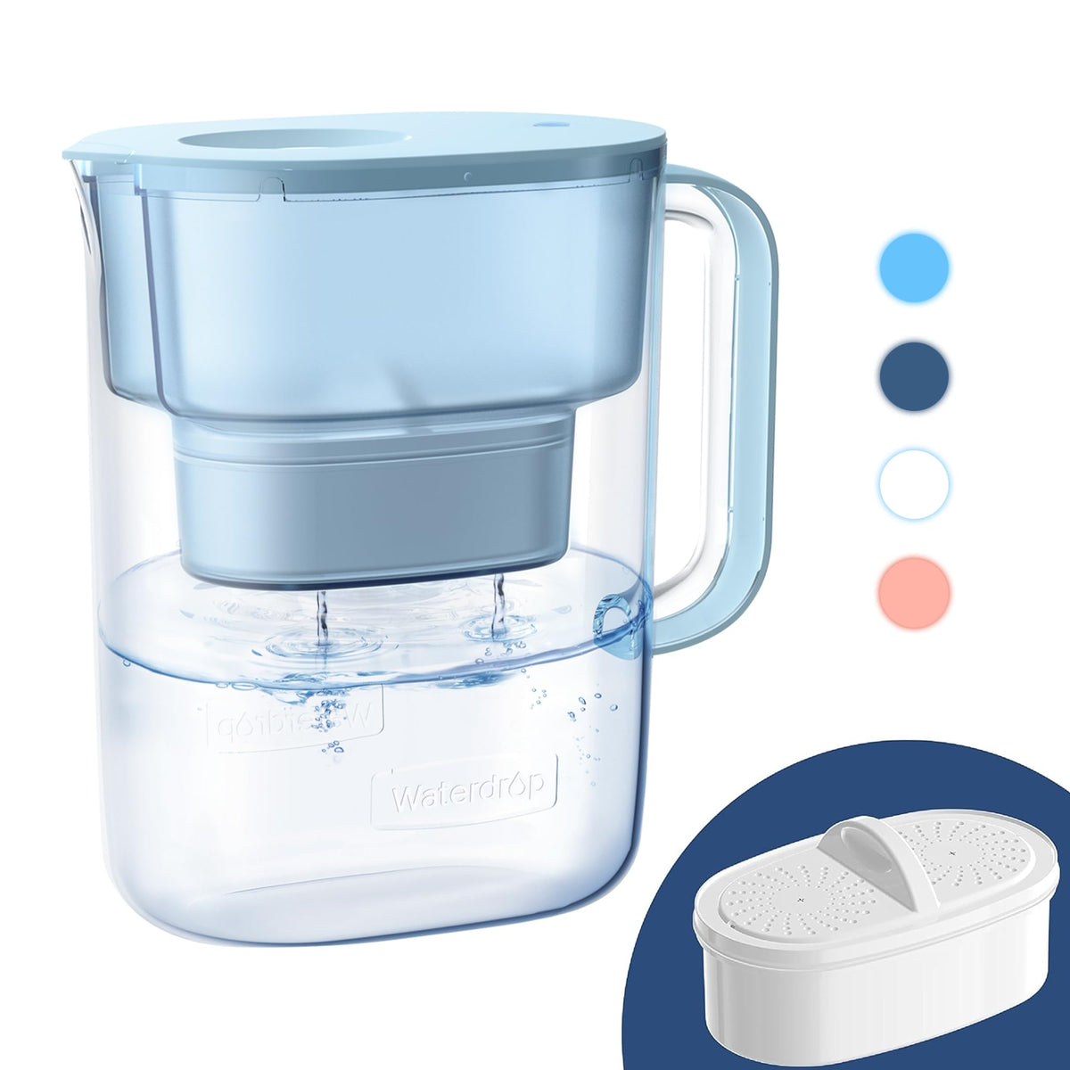Waterdrop PT-07B blue pitcher front view for purified drinking water