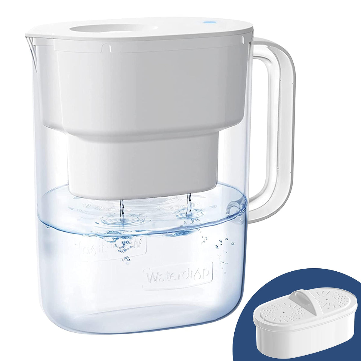 Waterdrop PT-07W pitcher front view showing compact kitchen-friendly design.