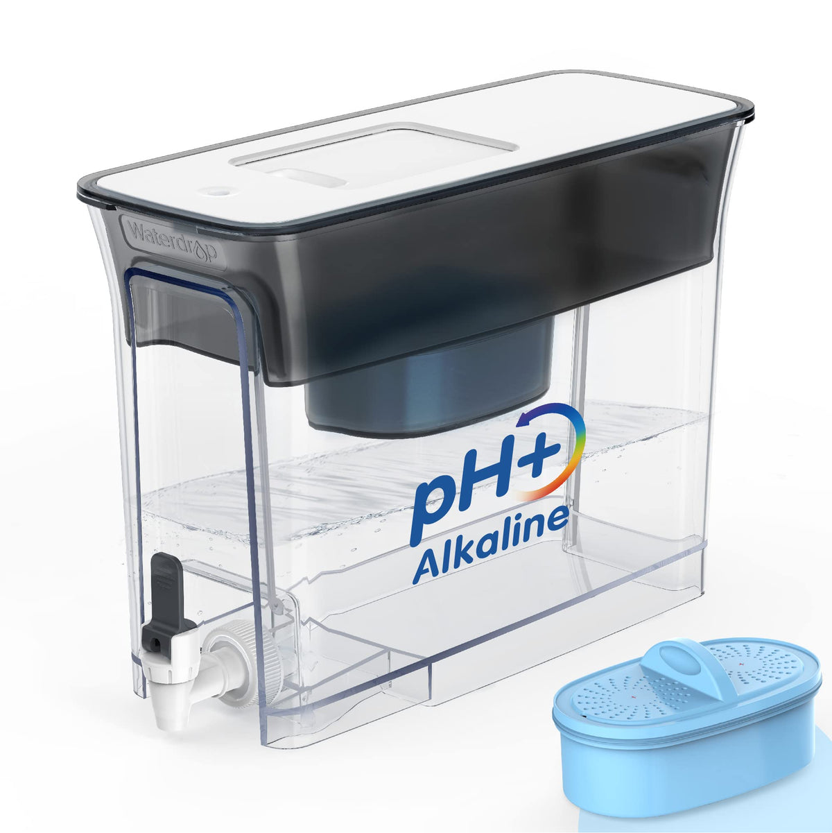 Waterdrop Slim alkaline dispenser front view showing sleek black design for fridge use.
