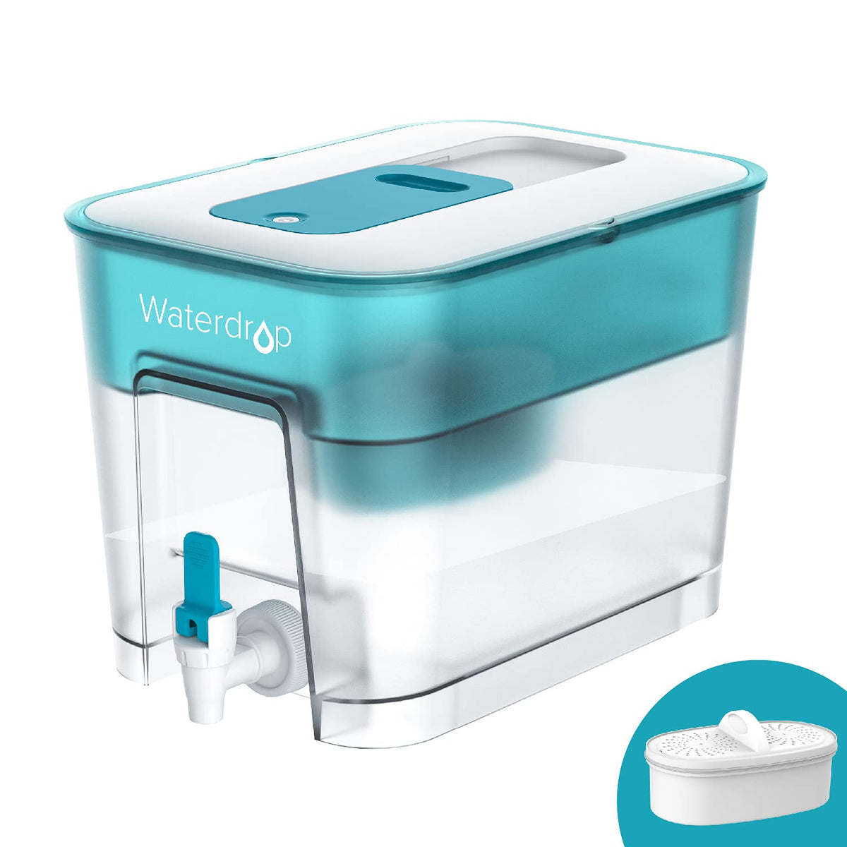 Waterdrop turquoise 200-gallon dispenser, front view for family hydration.