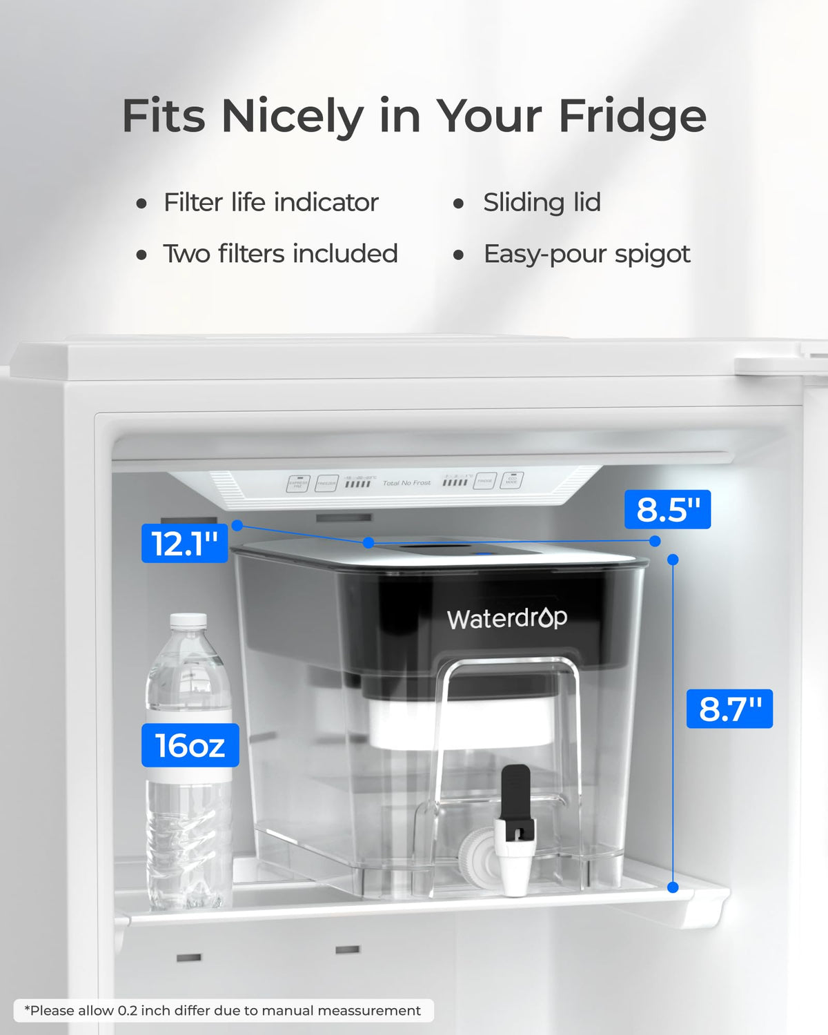 Waterdrop WFD-22L-DF side view showing compact, sleek black dispenser