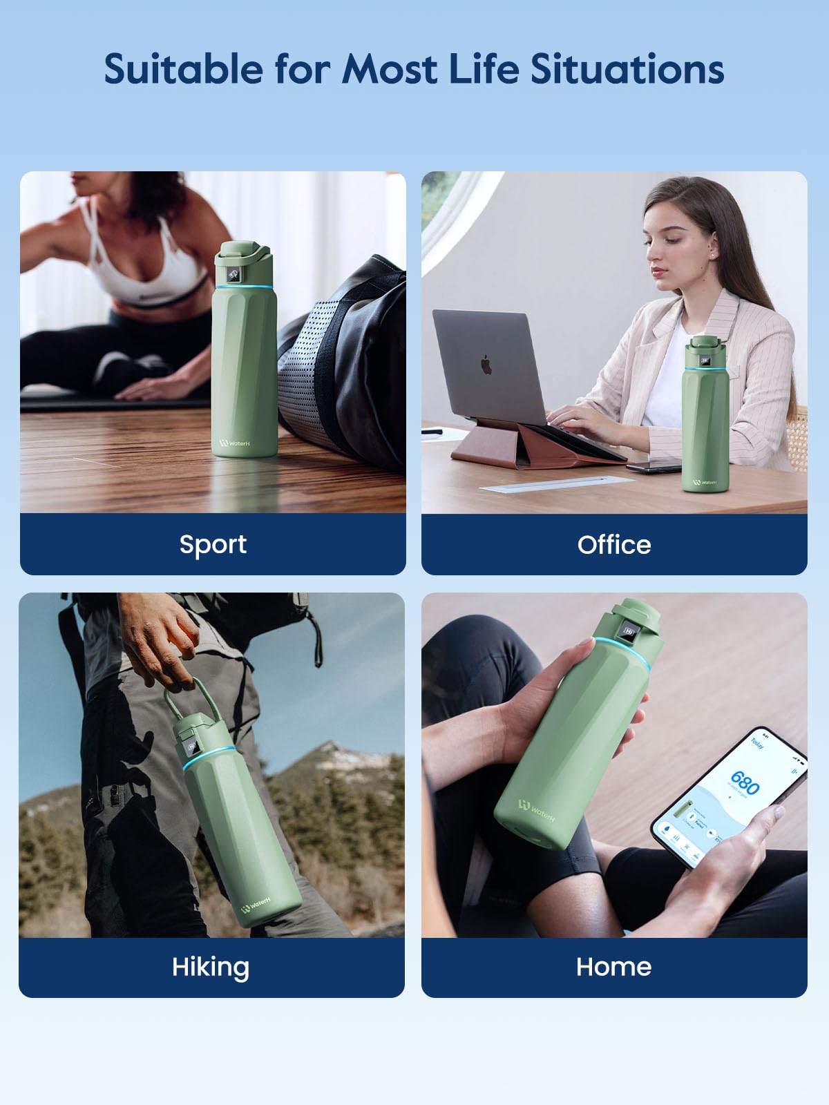 WaterH BOOST bottle on desk with smartwatch reminders for daily hydration.
