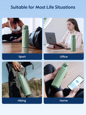 WaterH BOOST bottle on desk with smartwatch reminders for daily hydration.