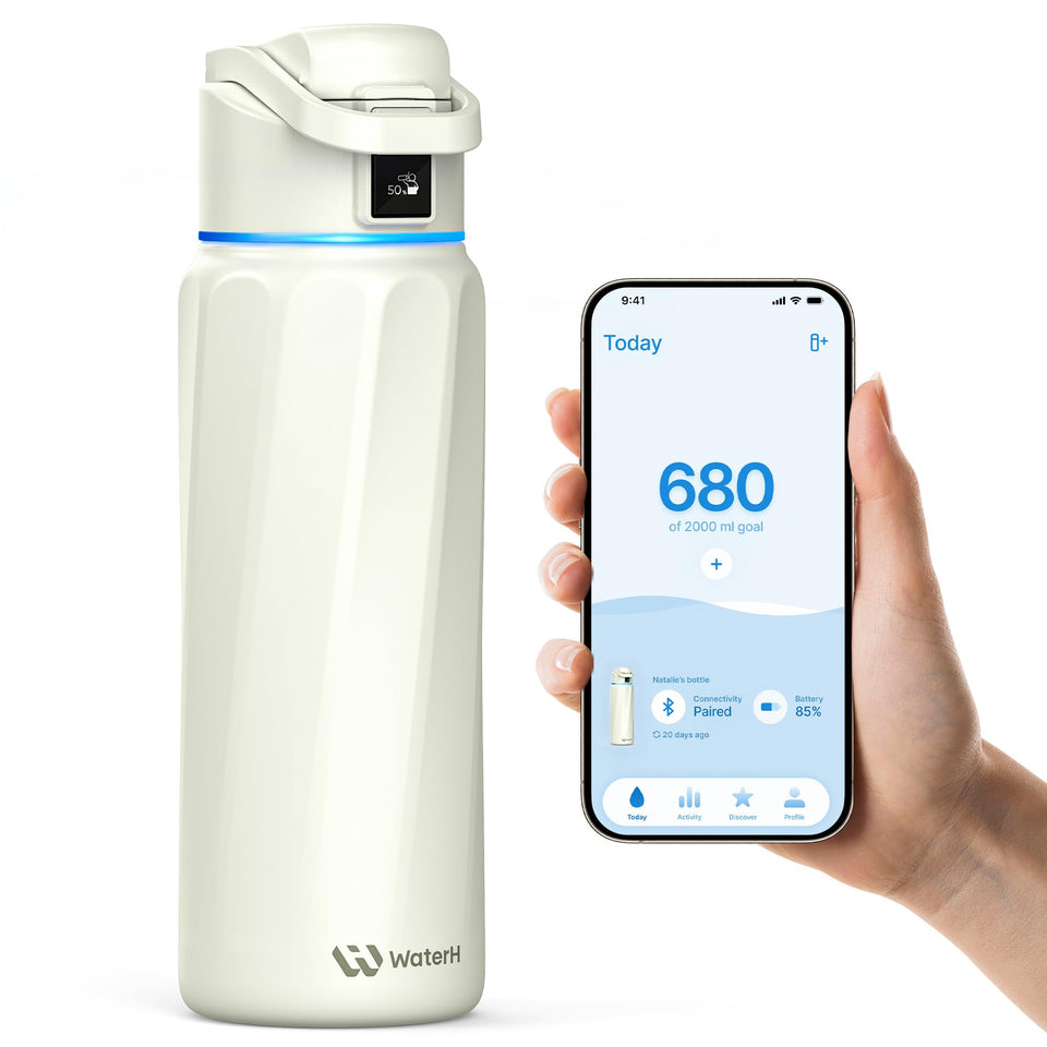 WATERH BOOST bottle front view with sleek design and easy-grip twill texture.