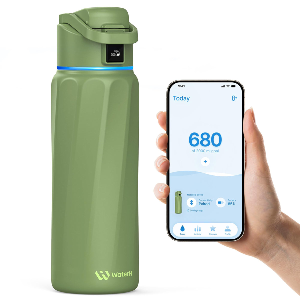 WaterH BOOST bottle front view with sleek steel design and ergonomic grip for easy hydration.