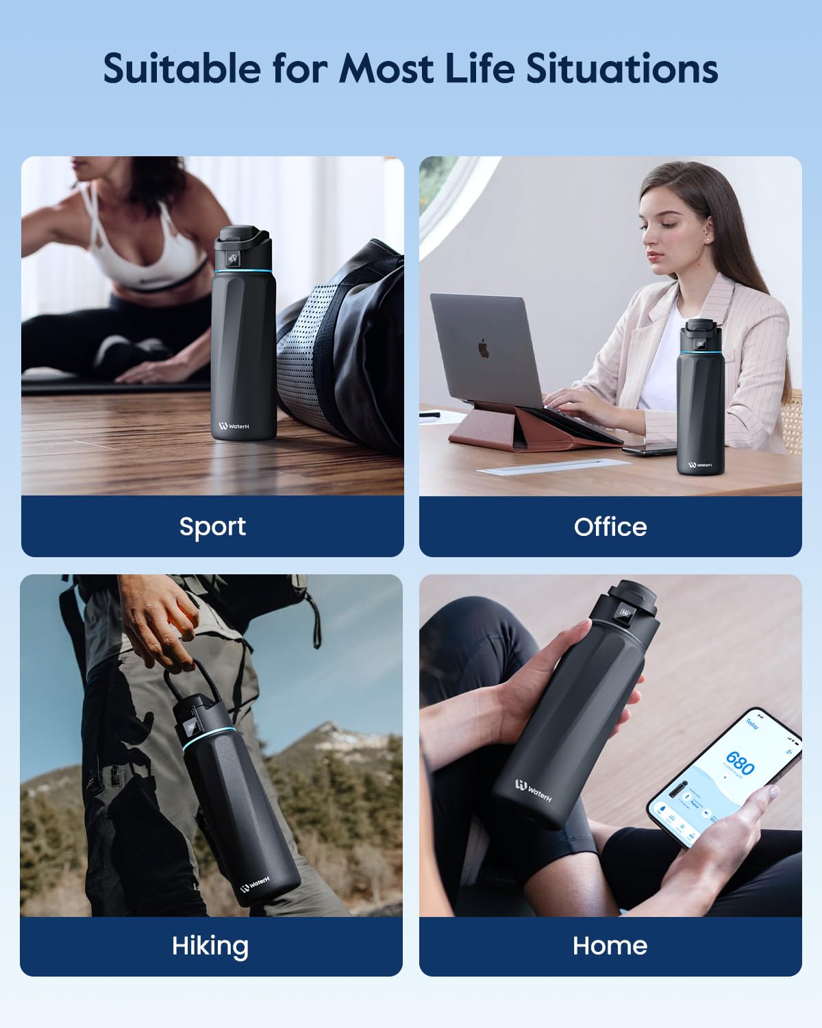 WaterH BOOST bottle LED display and reminders support mindful sipping