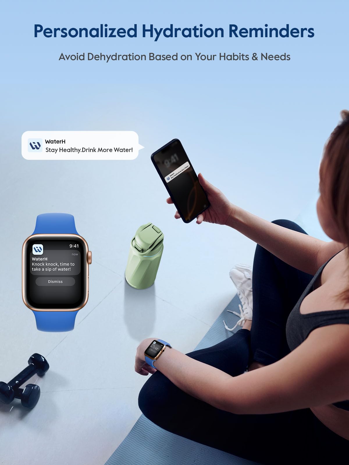 WaterH BOOST lid with LED display shows reminders to drink throughout the day.