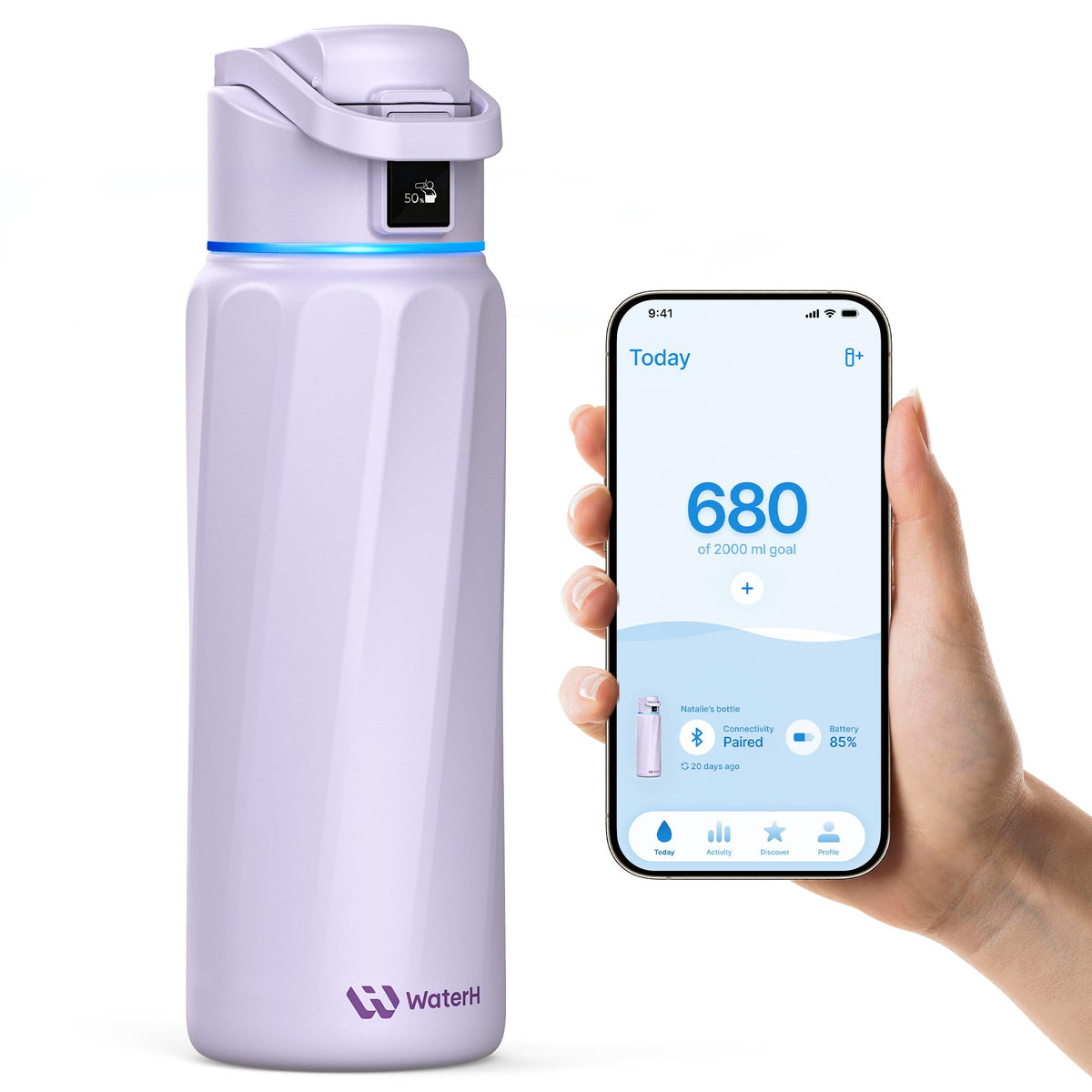 WaterH BOOST bottle with lid reminder LED aids hydration tracking.