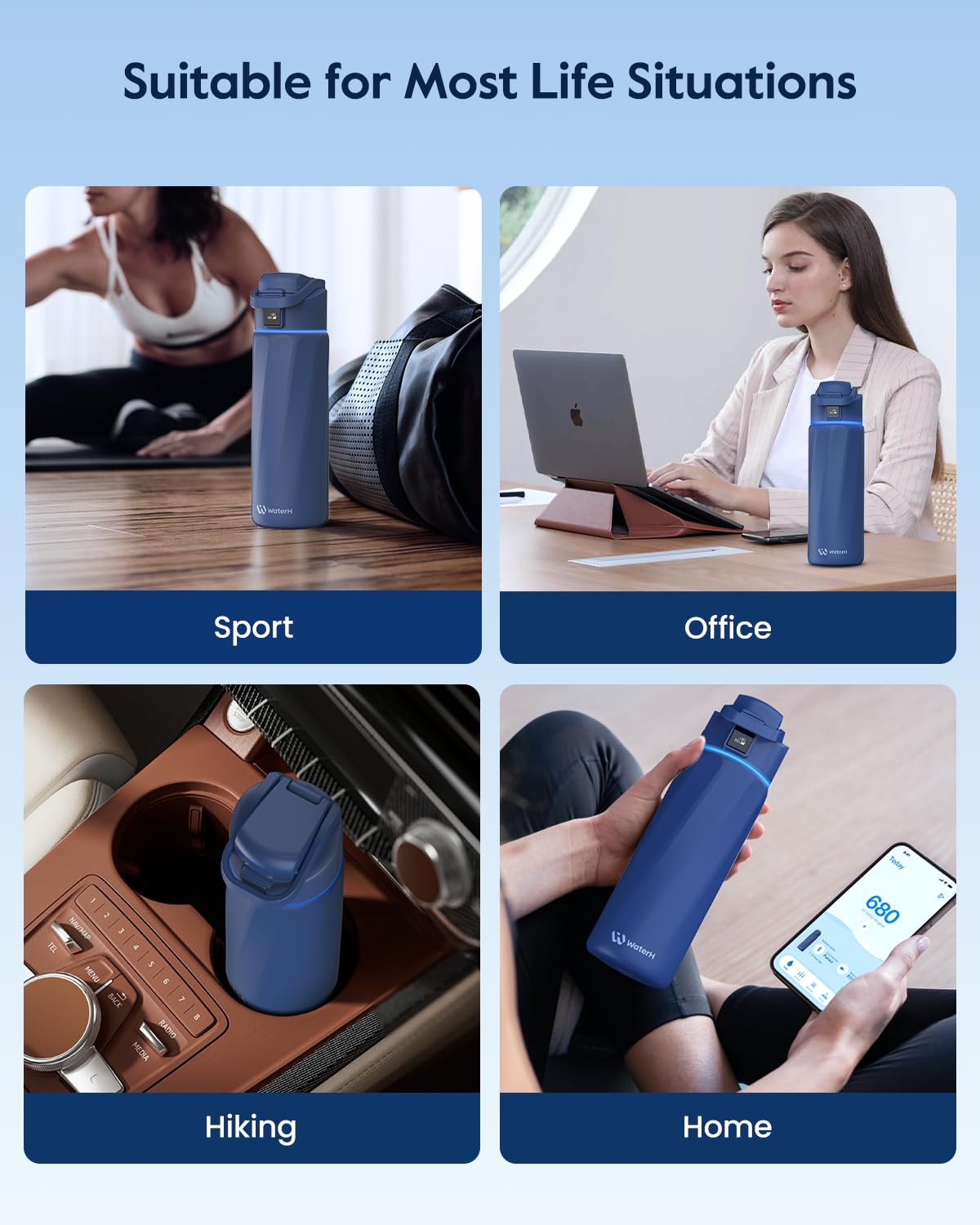WaterH BOOST bottle rotating cap handle for easy transport.