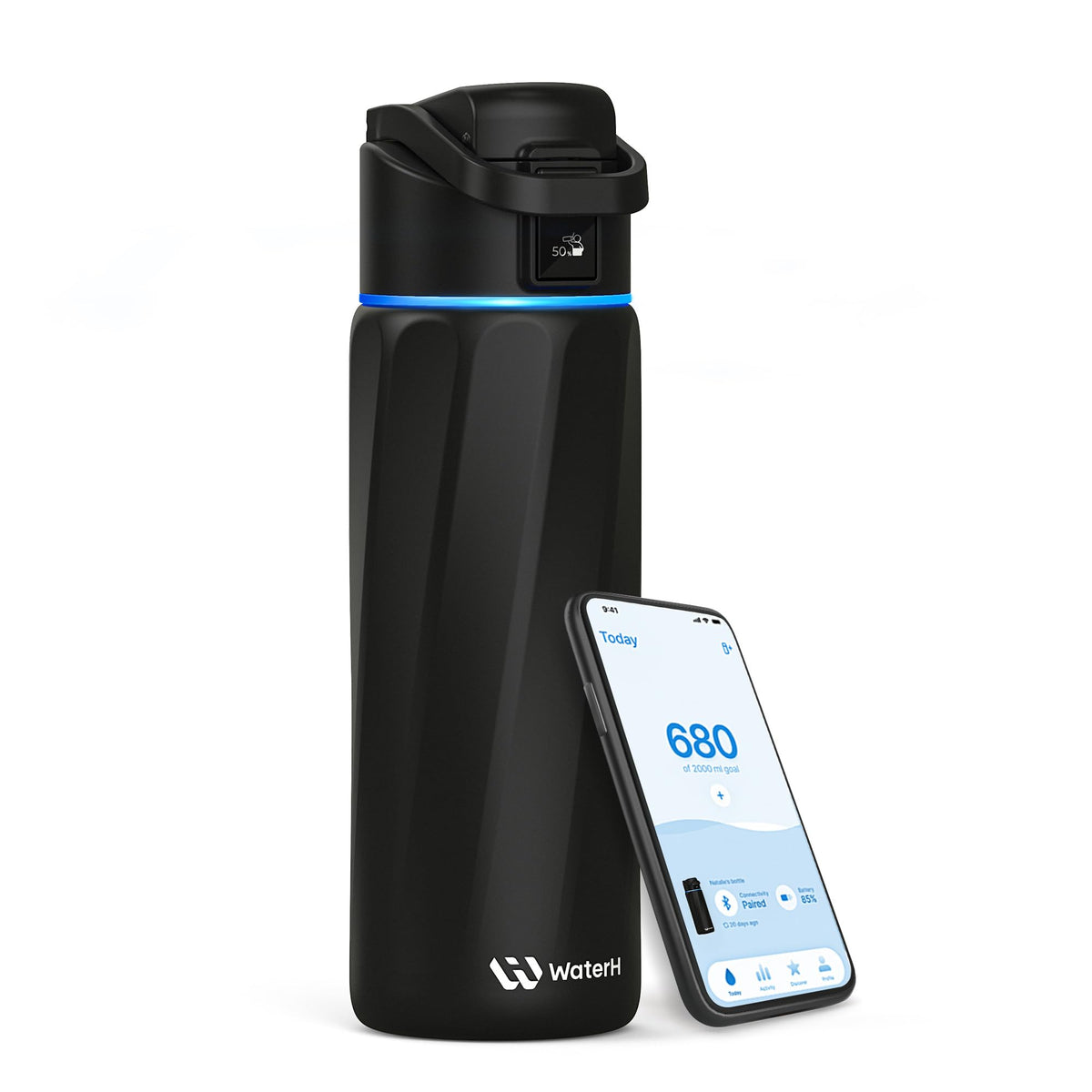BOOST Water Bottle lid LED halo displays hydration reminders for daily goals.