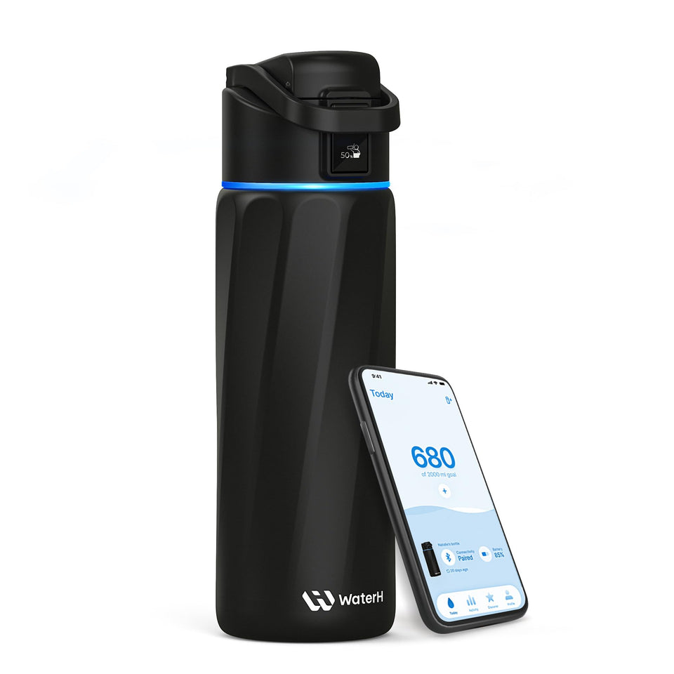 BOOST Water Bottle lid LED halo displays hydration reminders for daily goals.