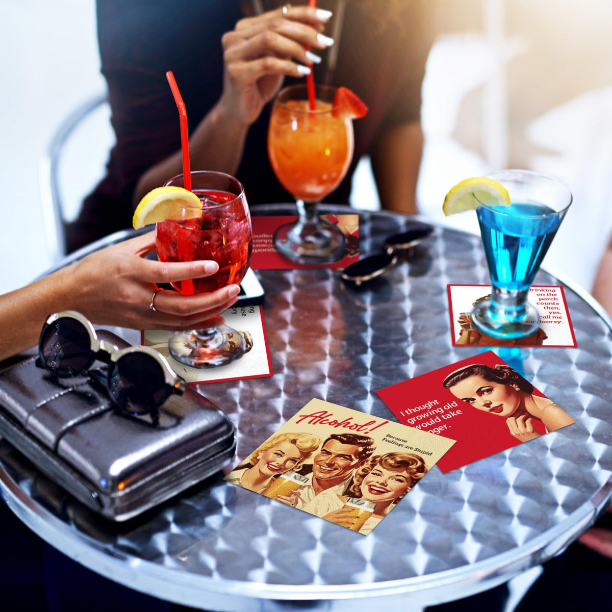 Watersay napkins in red, white, and brown palette fit many themes.