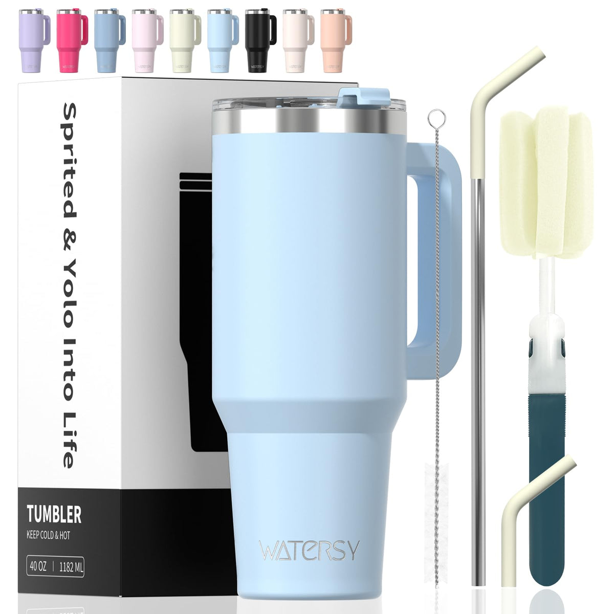 WATERSY 40oz tumbler with blue handle for on-the-go hydration.