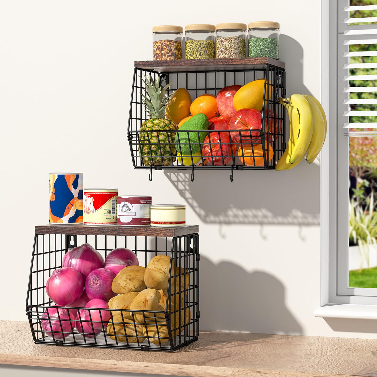 Wawocs two-tier fruit basket with wood lid for organized countertop storage.