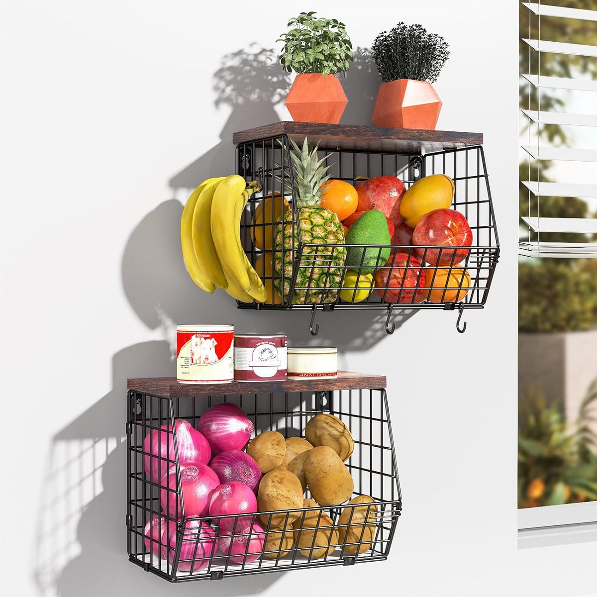 Wawocs wall-mount fruit basket saves counter space.