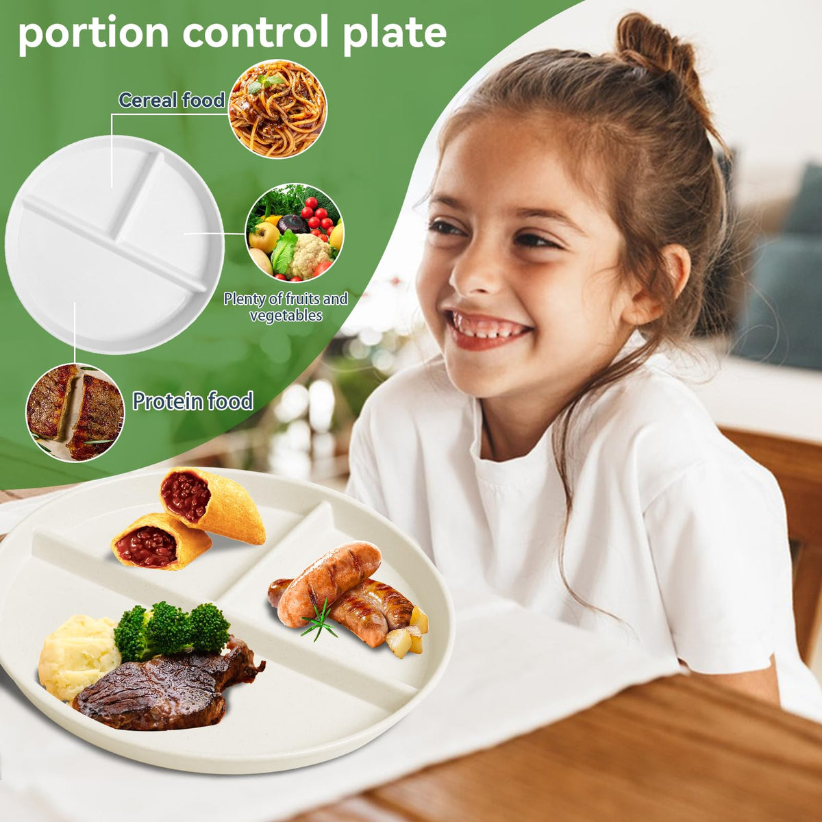 WAYGYMBBD 9-inch green divided plate with compartments for portions