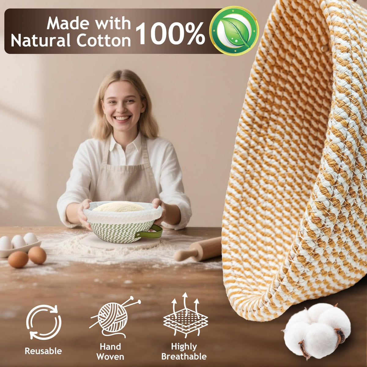 Waysse Banneton Basket organic cotton construction for gentle dough handling