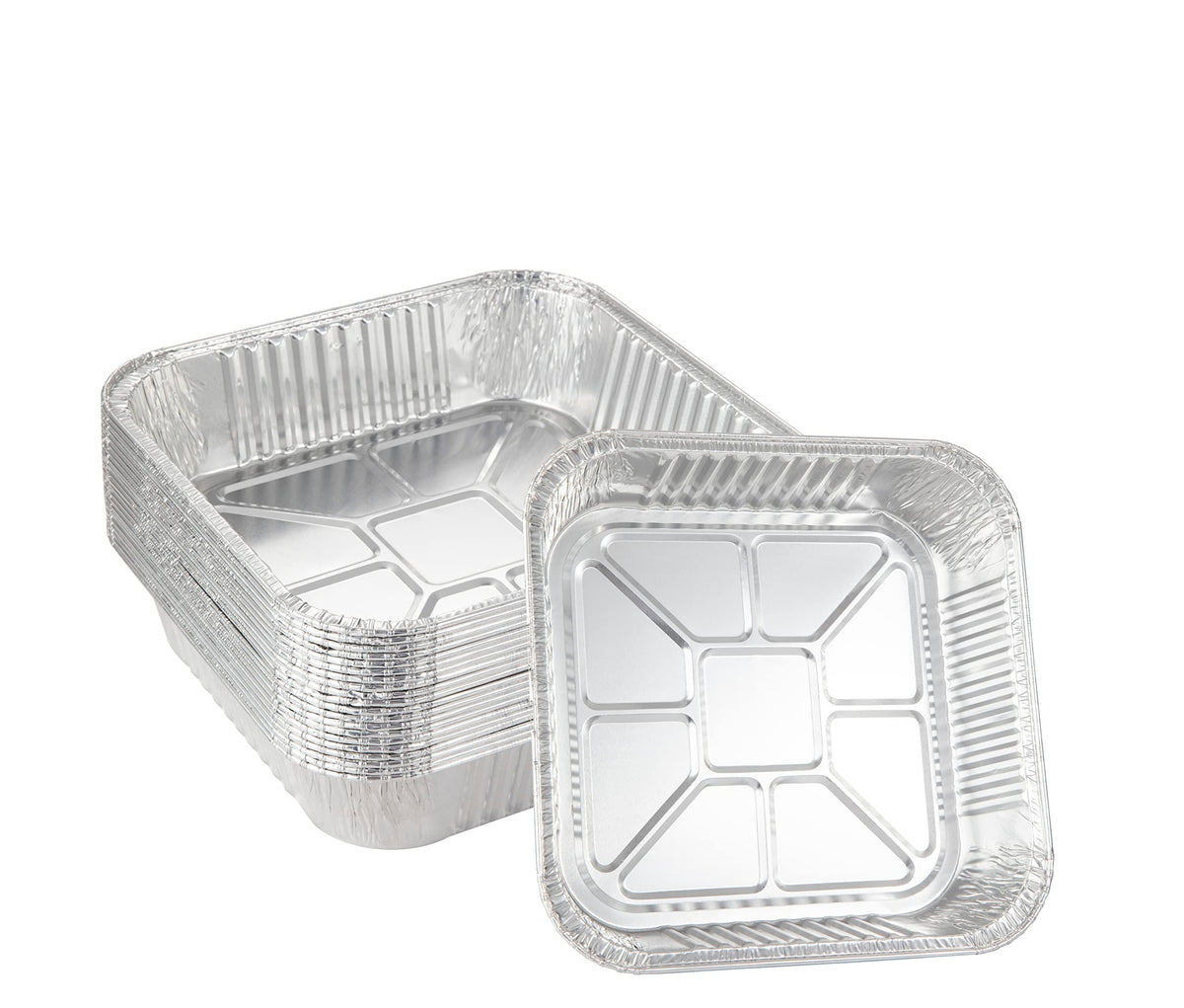 Waytiffer 50-pack 8x8 aluminum foil pans top view, ideal for bake-and-serve meals.