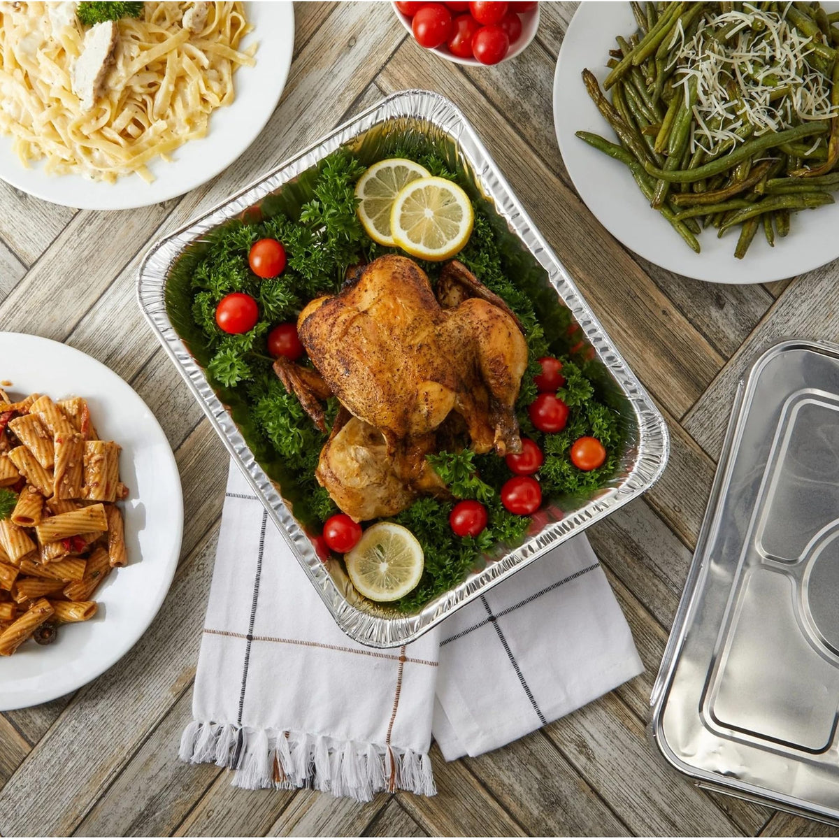 Waytiffer pans for delivery or takeout keep food organized and presentable.