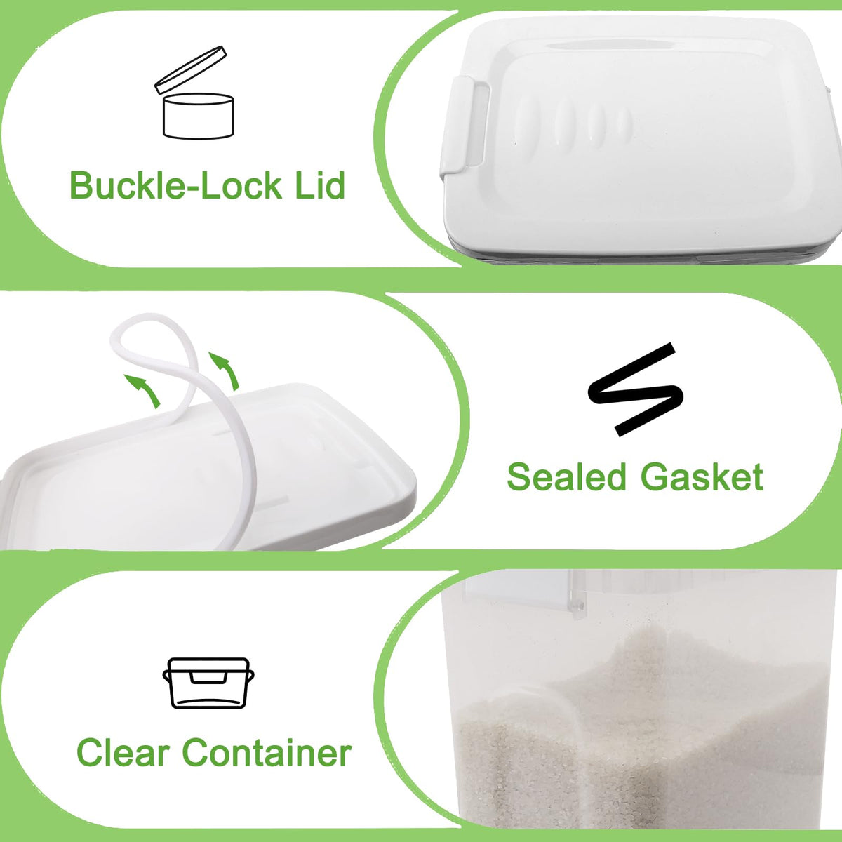 WBKTOOL Rice container includes a scoop for easy serving.