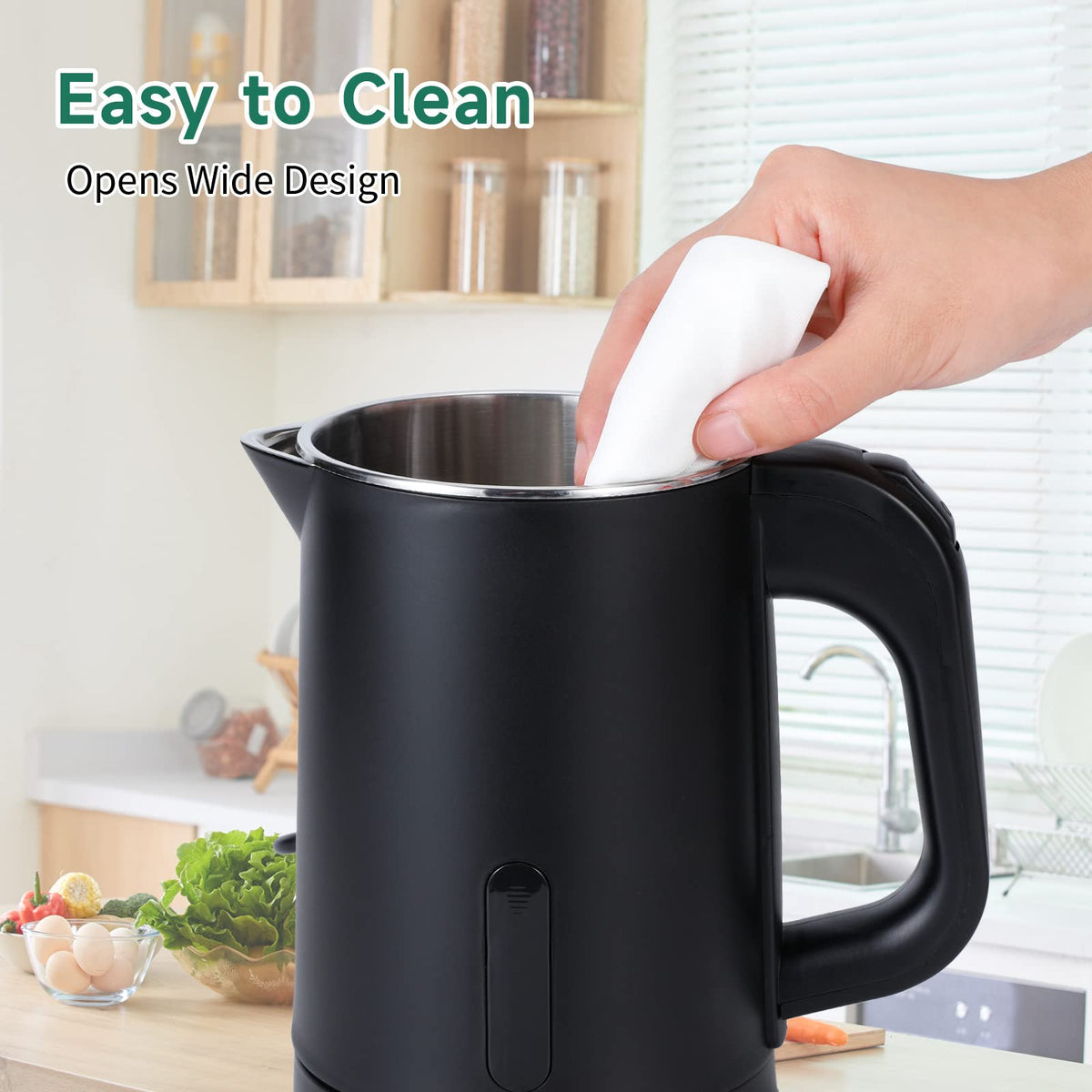 Wdcme easy-clean kettle with wide opening simplifies filling and cleaning.