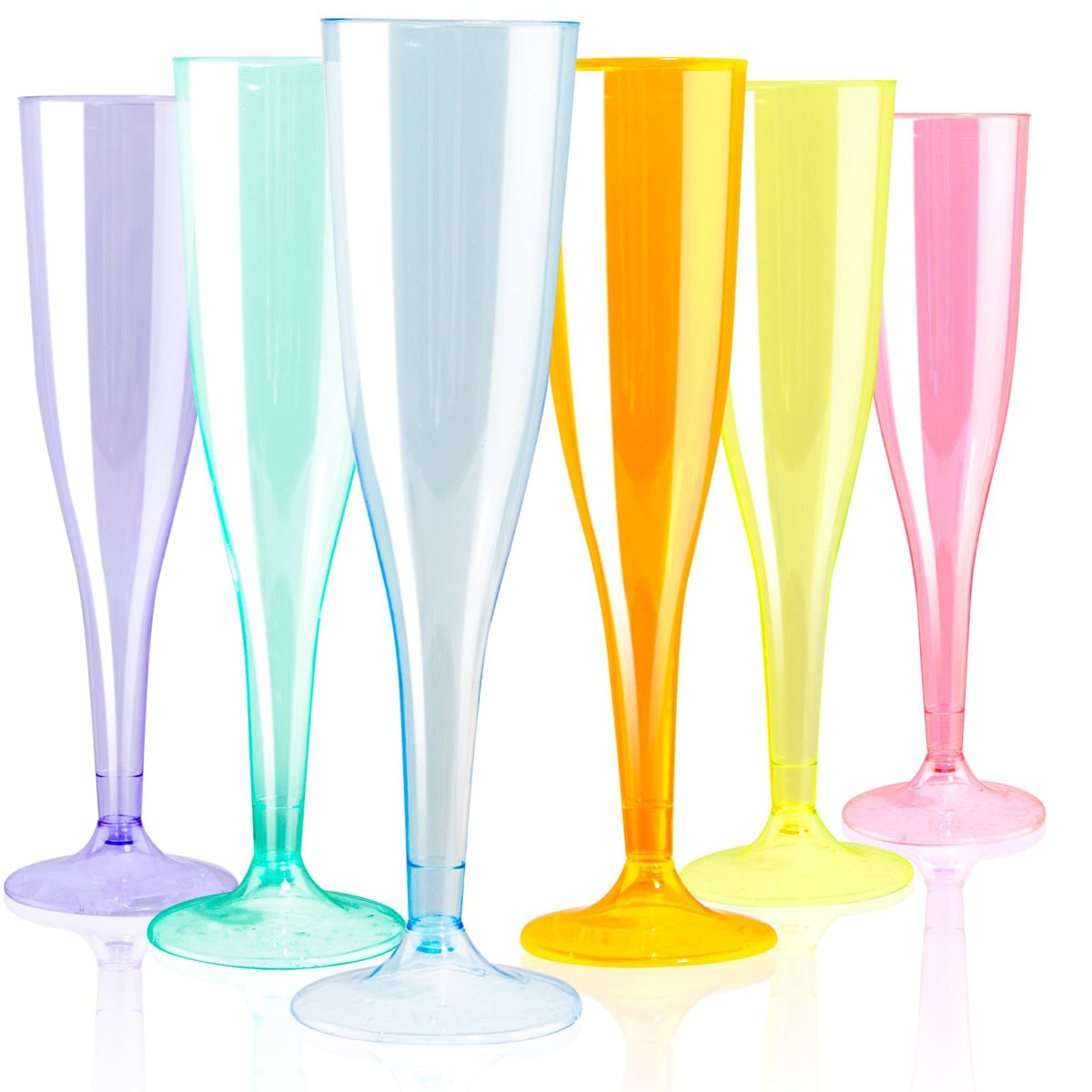 WDF 36-pack colorful champagne flutes group shot for vibrant celebrations and easy cleanup.