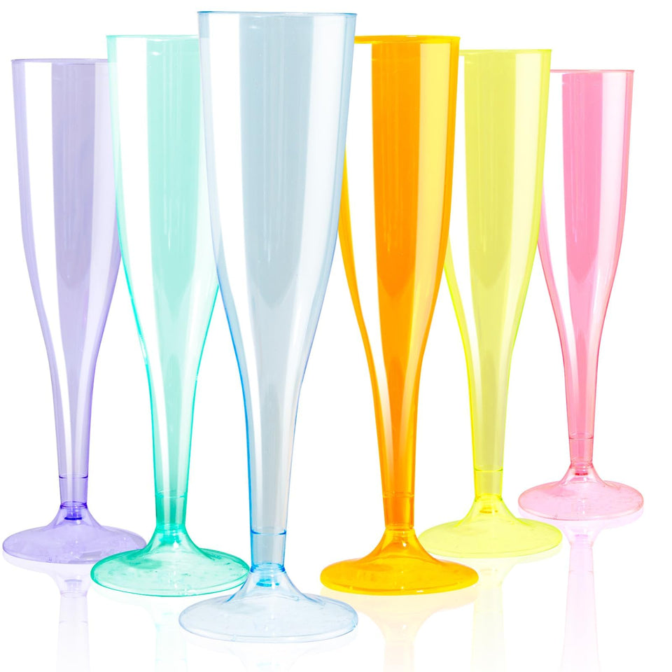 WDF 36-pack colorful champagne flutes group shot for vibrant celebrations and easy cleanup.