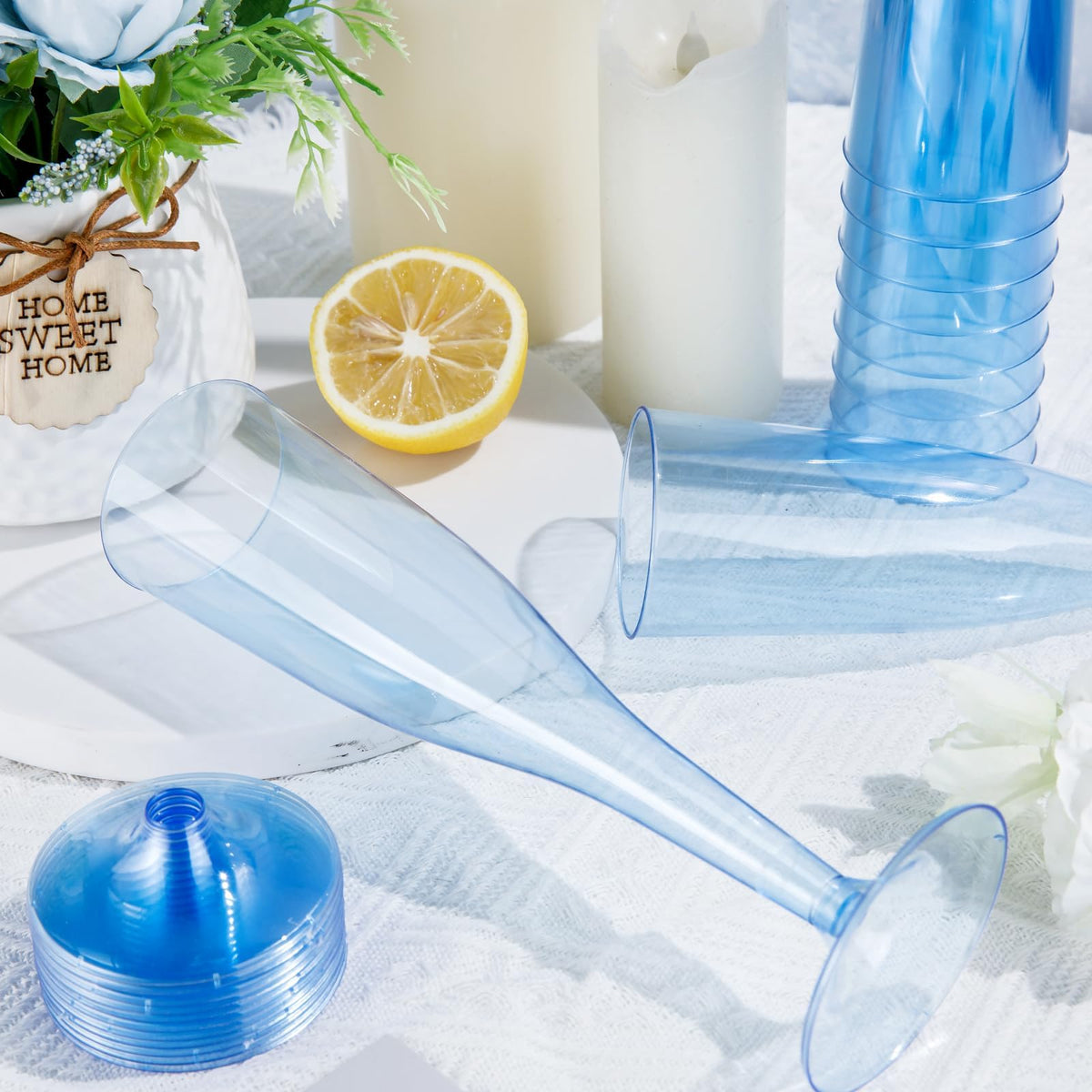 WDF blue champagne flutes base and bowl fit securely for neat serving.