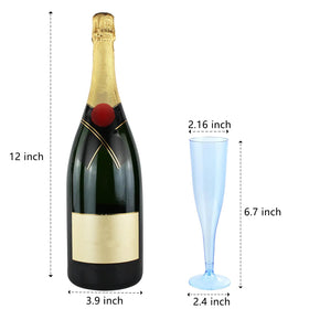 WDF blue plastic champagne flutes close-up showing shatterproof design.